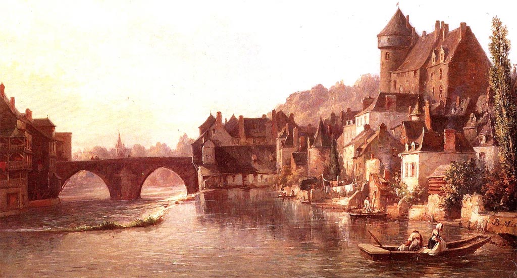 LAVAL, Vieux pont sur la Mayenne, tableau de Jean-Baptiste Messager (1812-1885)