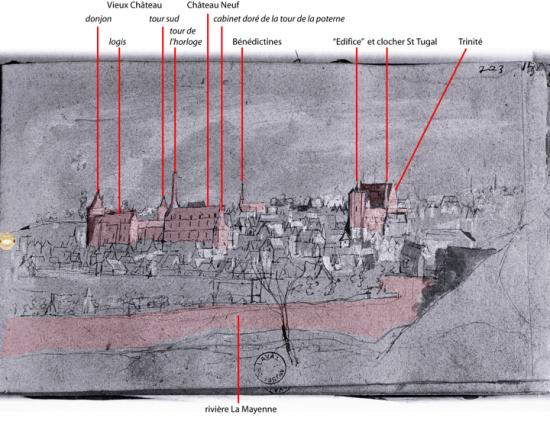 Profil dessiné de la ville de Laval ancienne, avec identification des bâtiments importants